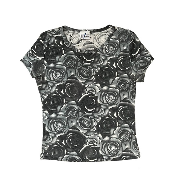 Vintage Tops - Vintage 90s Y2K Beware Gray Rose Floral Printed Top